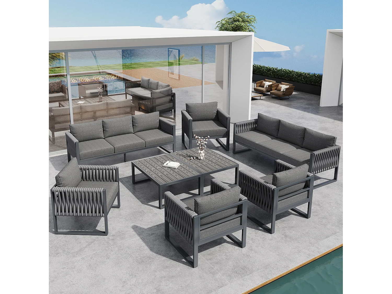 Set di mobili da giardino da 10 posti - struttura in metallo - con cuscini + 2 tavoli + 4 poltrone + 2 divani - metallo - grigio