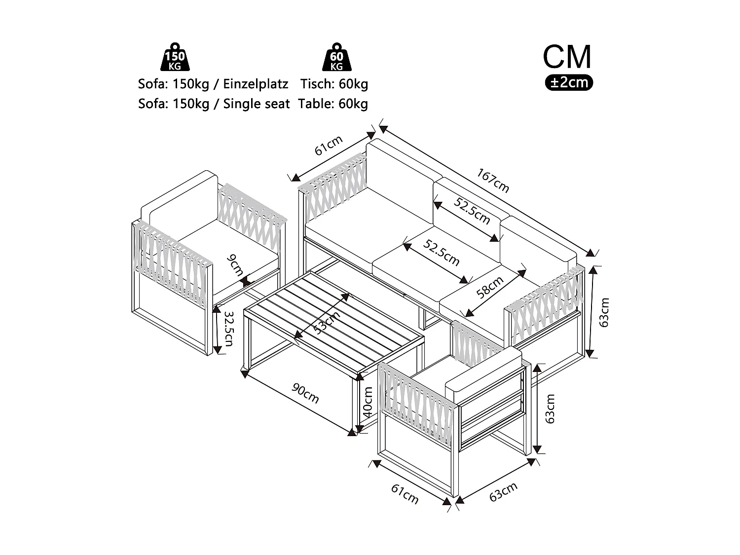 Set di mobili da giardino da 10 posti - struttura in metallo - con cuscini + 2 tavoli + 4 poltrone + 2 divani - metallo - grigio