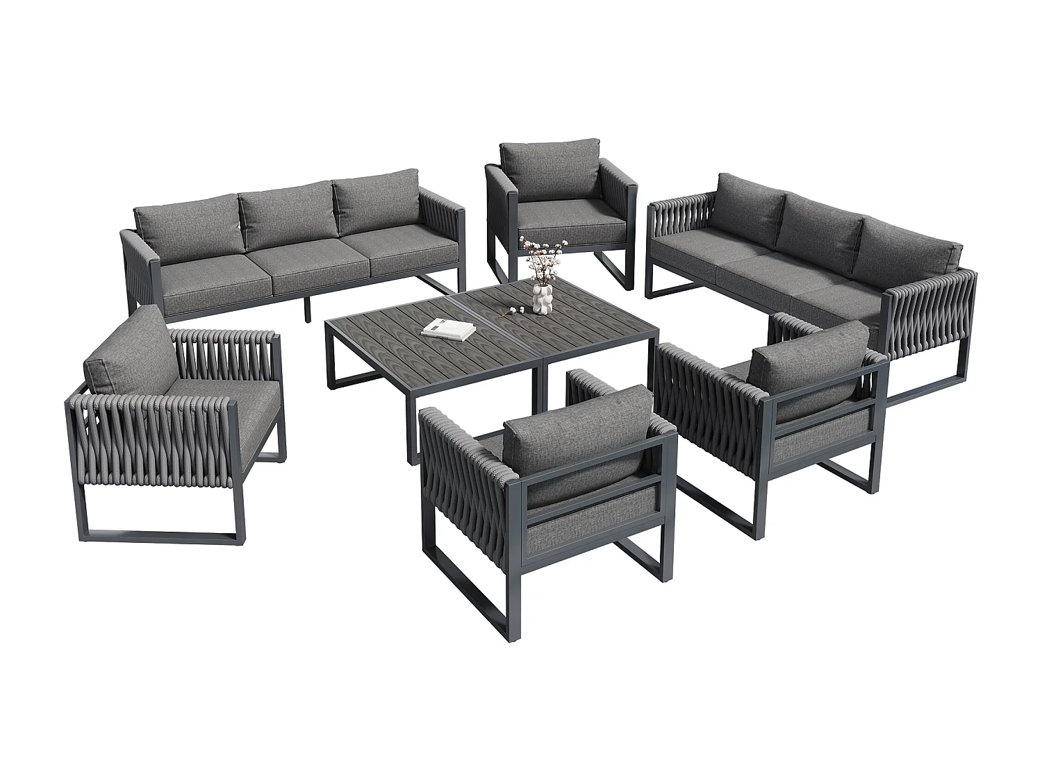 Set di mobili da giardino da 10 posti - struttura in metallo - con cuscini + 2 tavoli + 4 poltrone + 2 divani - metallo - grigio