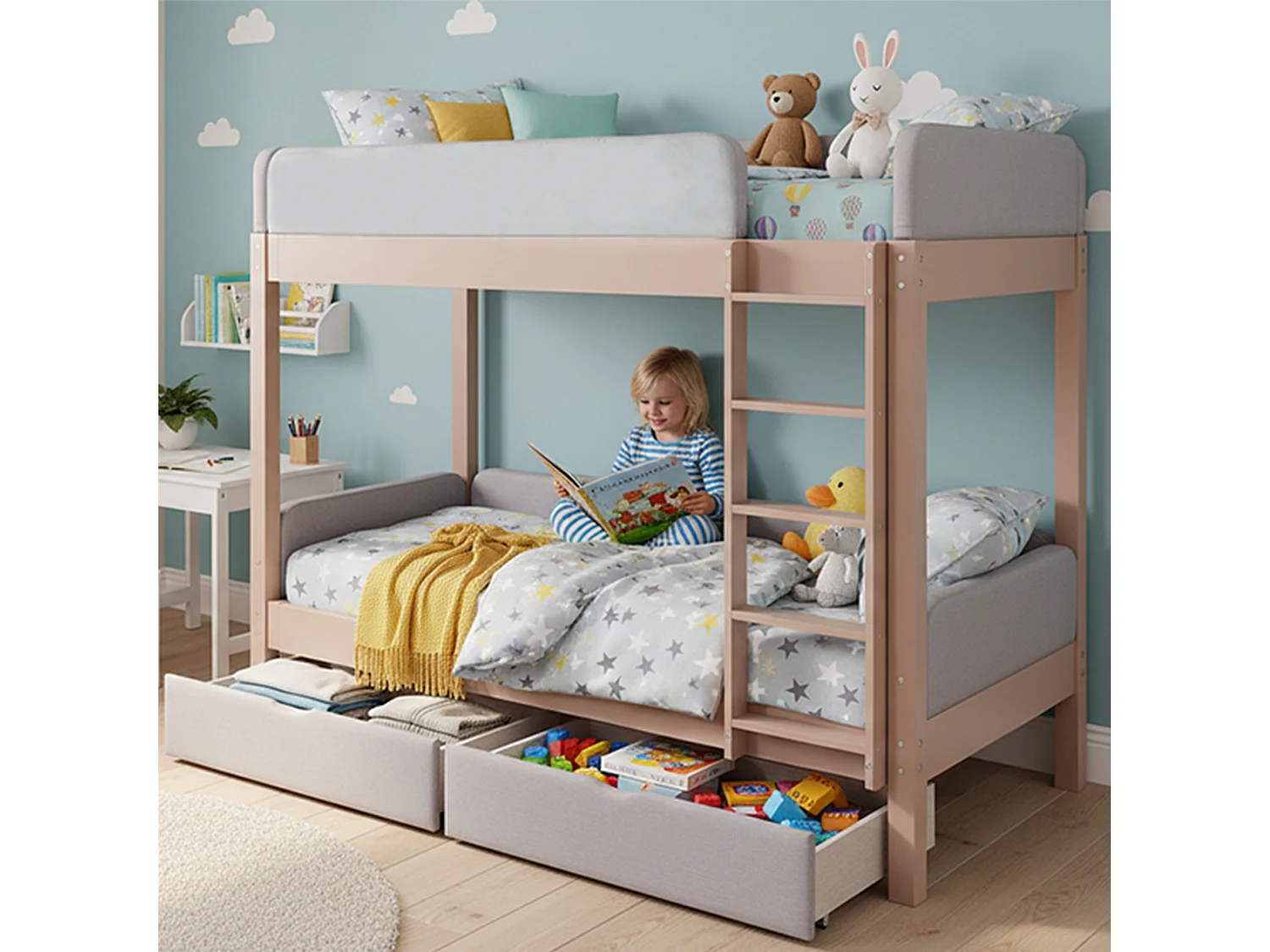 Litera infantil - 2 x 90 x 200 cm - con bordes de espuma amortiguadora + 2 cajones - madera + MDF - gris + natural