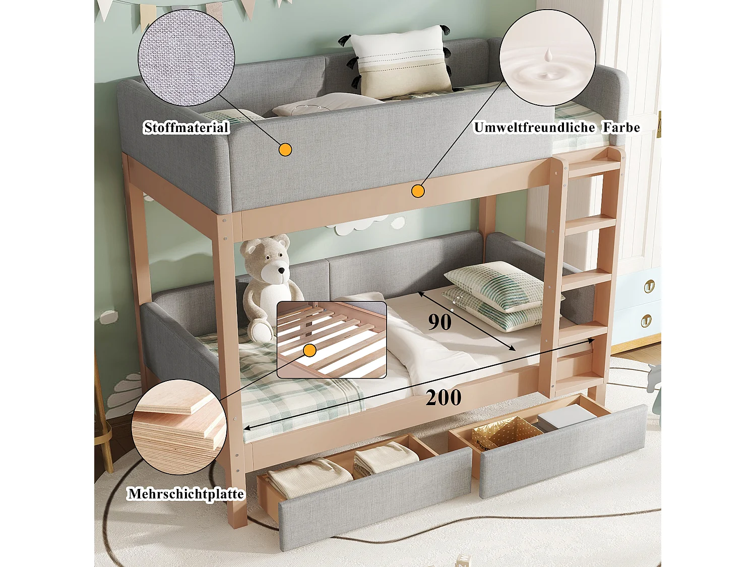 Litera infantil - 2 x 90 x 200 cm - con bordes de espuma amortiguadora + 2 cajones - madera + MDF - gris + natural