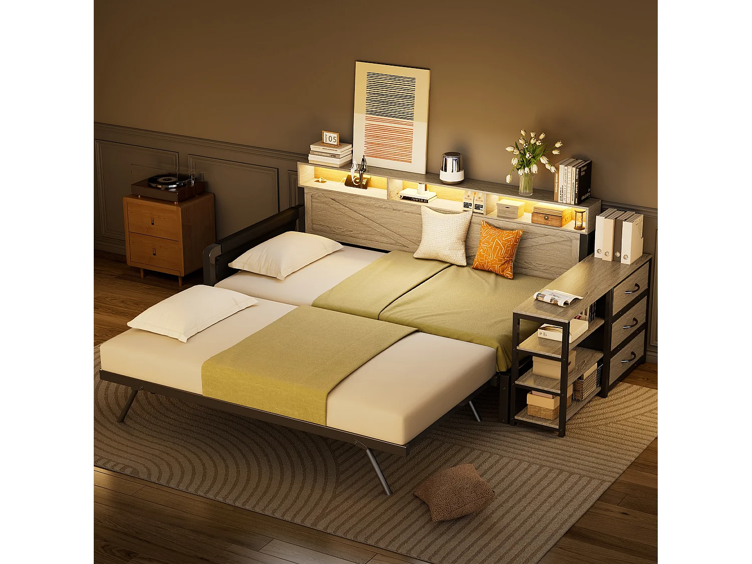 Metall-Schlafsofa mit Ausziehfunktion – 90 x 200 cm – mit Ablagefach, 3 Schubladen, LED-Beleuchtung und USB-Anschluss – MDF und Metall – schwarz