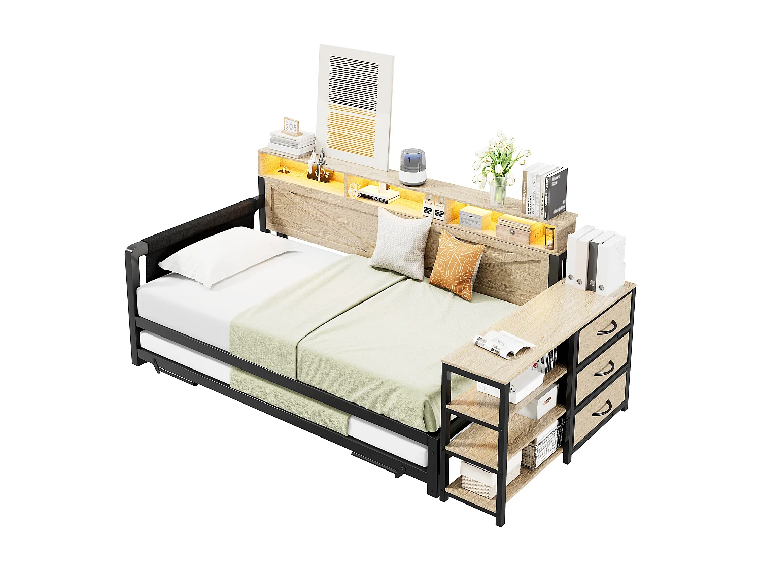 Metall-Schlafsofa mit Ausziehfunktion – 90 x 200 cm – mit Ablagefach, 3 Schubladen, LED-Beleuchtung und USB-Anschluss – MDF und Metall – schwarz