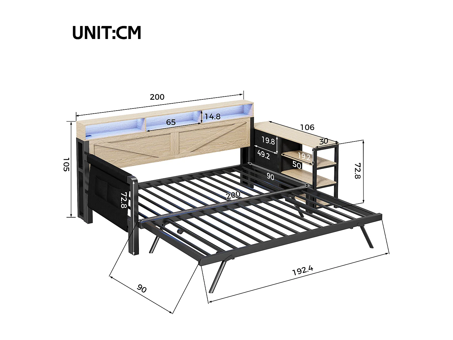 Metall-Schlafsofa mit Ausziehfunktion – 90 x 200 cm – mit Ablagefach, 3 Schubladen, LED-Beleuchtung und USB-Anschluss – MDF und Metall – schwarz