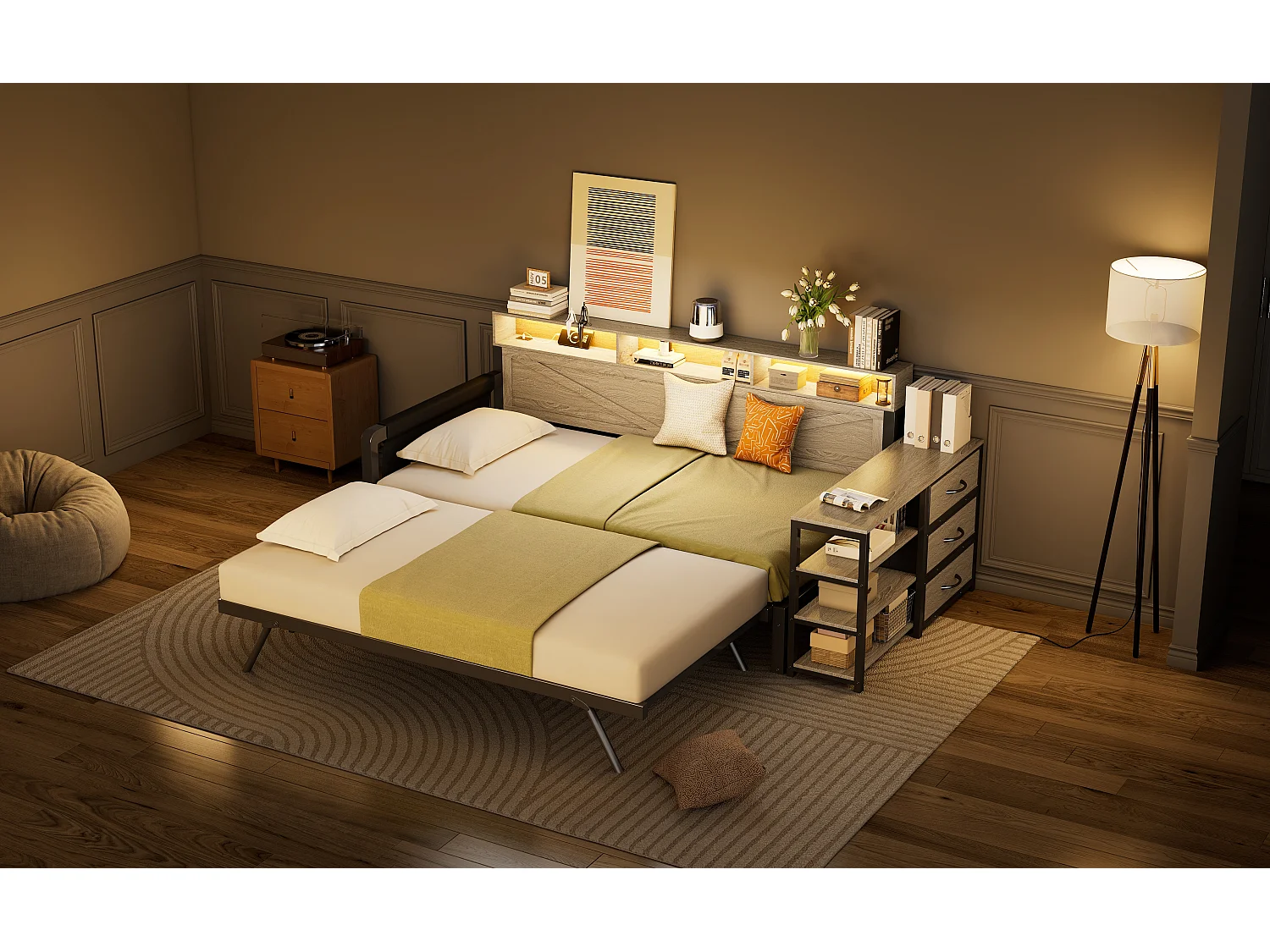 Metall-Schlafsofa mit Ausziehfunktion – 90 x 200 cm – mit Ablagefach, 3 Schubladen, LED-Beleuchtung und USB-Anschluss – MDF und Metall – schwarz