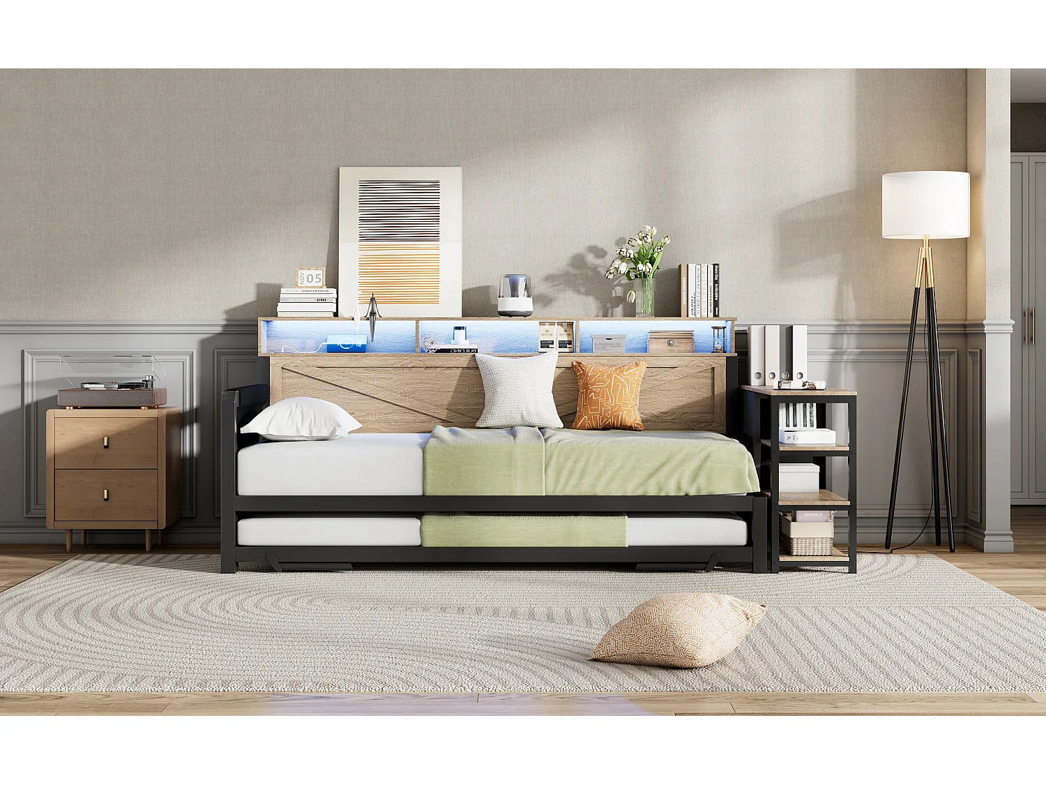 Metall-Schlafsofa mit Ausziehfunktion – 90 x 200 cm – mit Ablagefach, 3 Schubladen, LED-Beleuchtung und USB-Anschluss – MDF und Metall – schwarz