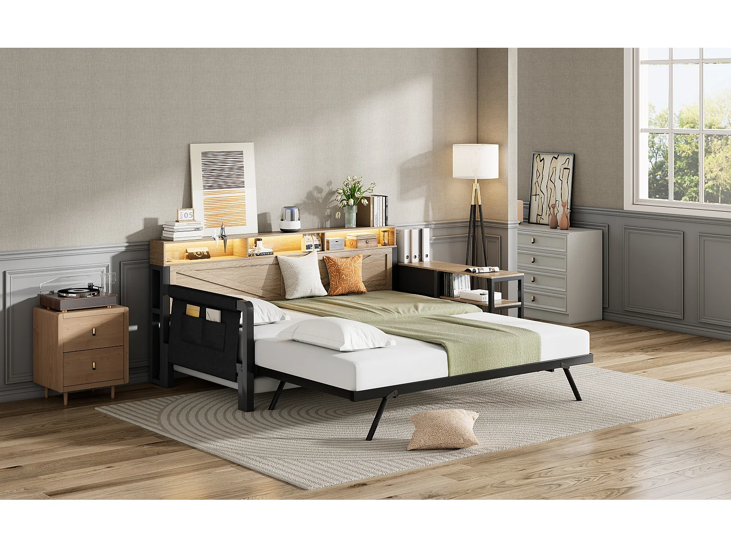 Metall-Schlafsofa mit Ausziehfunktion – 90 x 200 cm – mit Ablagefach, 3 Schubladen, LED-Beleuchtung und USB-Anschluss – MDF und Metall – schwarz