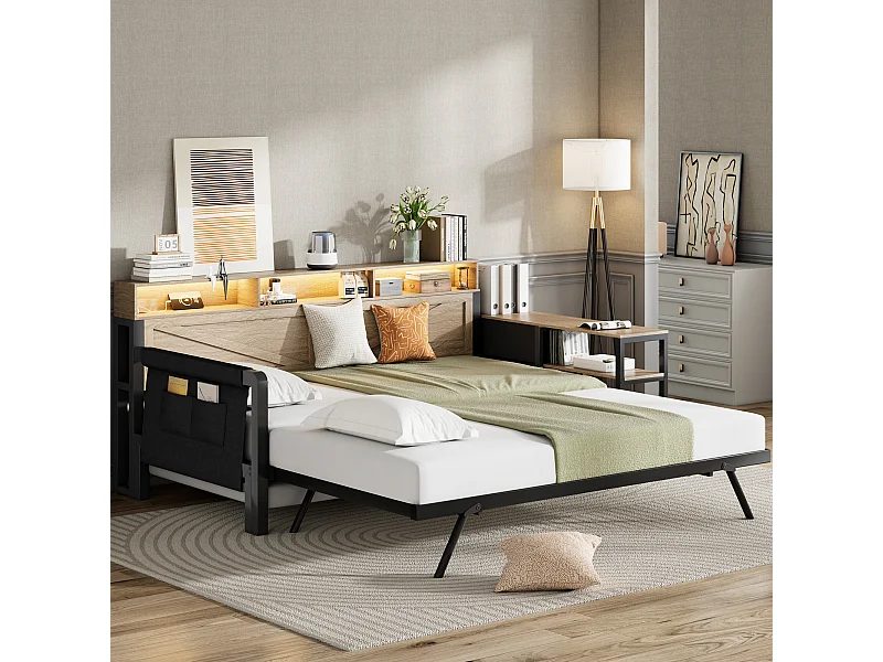 Metall-Schlafsofa mit Ausziehfunktion – 90 x 200 cm – mit Ablagefach, 3 Schubladen, LED-Beleuchtung und USB-Anschluss – MDF und Metall – schwarz