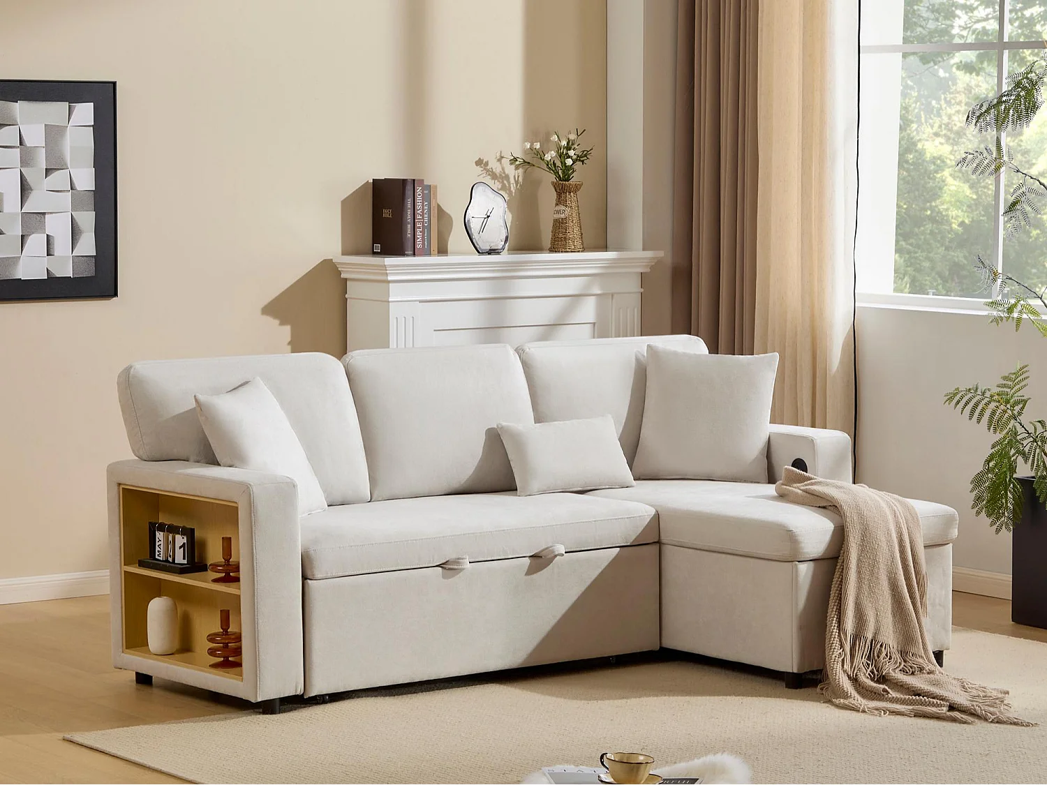 Clavio - Canapé Convertible 3 Places d’Angle – Rangement, USB, Tissu Flanelle – Idéal pour Studio/Appartement