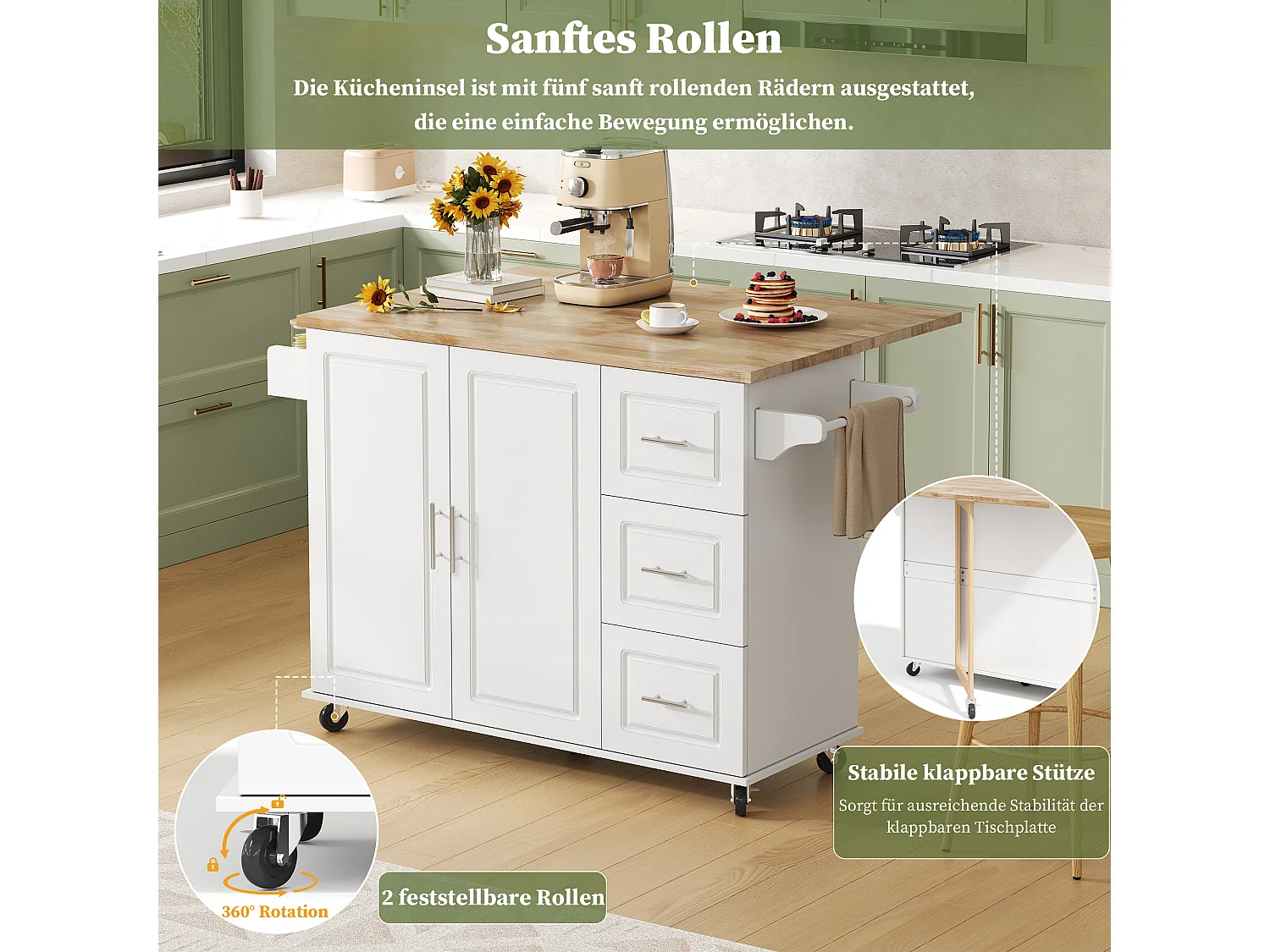 Verplaatsbaar keukeneiland - 137 x 43 (76) x 92 cm - inklapbaar blad - met 3 lades + 2 deuren - MDF - wit