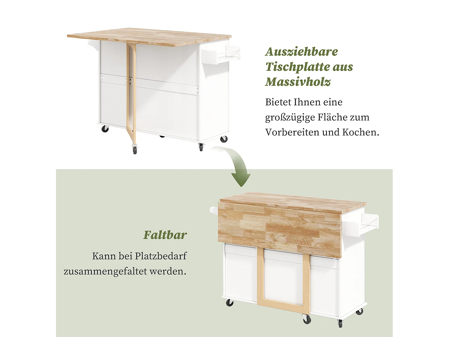Verplaatsbaar keukeneiland - 137 x 43 (76) x 92 cm - inklapbaar blad - met 3 lades + 2 deuren - MDF - wit