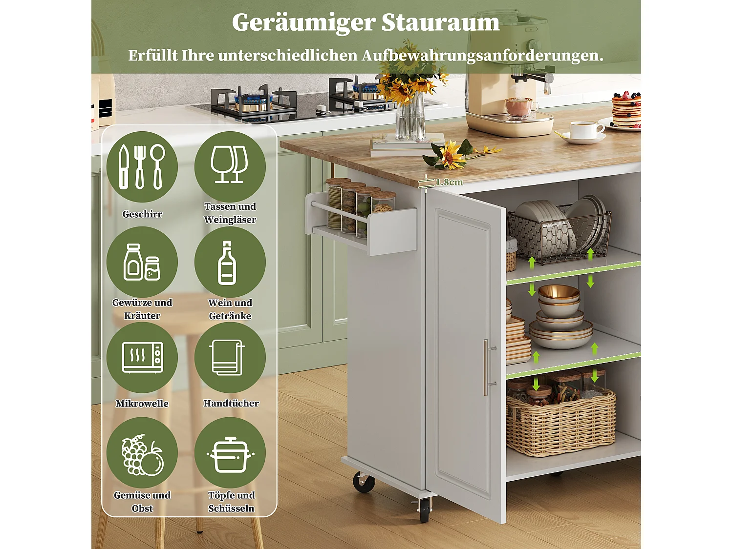 Verplaatsbaar keukeneiland - 137 x 43 (76) x 92 cm - inklapbaar blad - met 3 lades + 2 deuren - MDF - wit