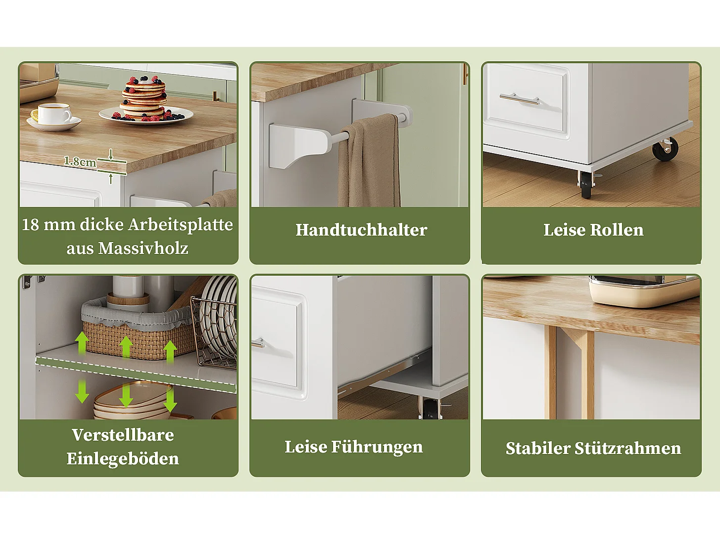 Verplaatsbaar keukeneiland - 137 x 43 (76) x 92 cm - inklapbaar blad - met 3 lades + 2 deuren - MDF - wit