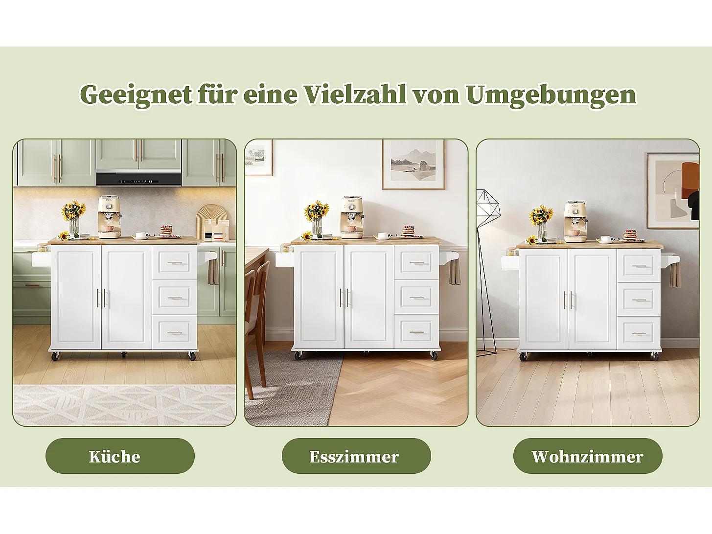 Verplaatsbaar keukeneiland - 137 x 43 (76) x 92 cm - inklapbaar blad - met 3 lades + 2 deuren - MDF - wit