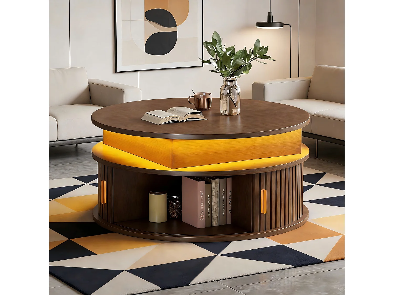 Stolik kawowy z podnoszonym blatem - 75 x 75 x 52 cm - z diodami LED + 2 drzwi rolowane + schowek - MDF - brązowy