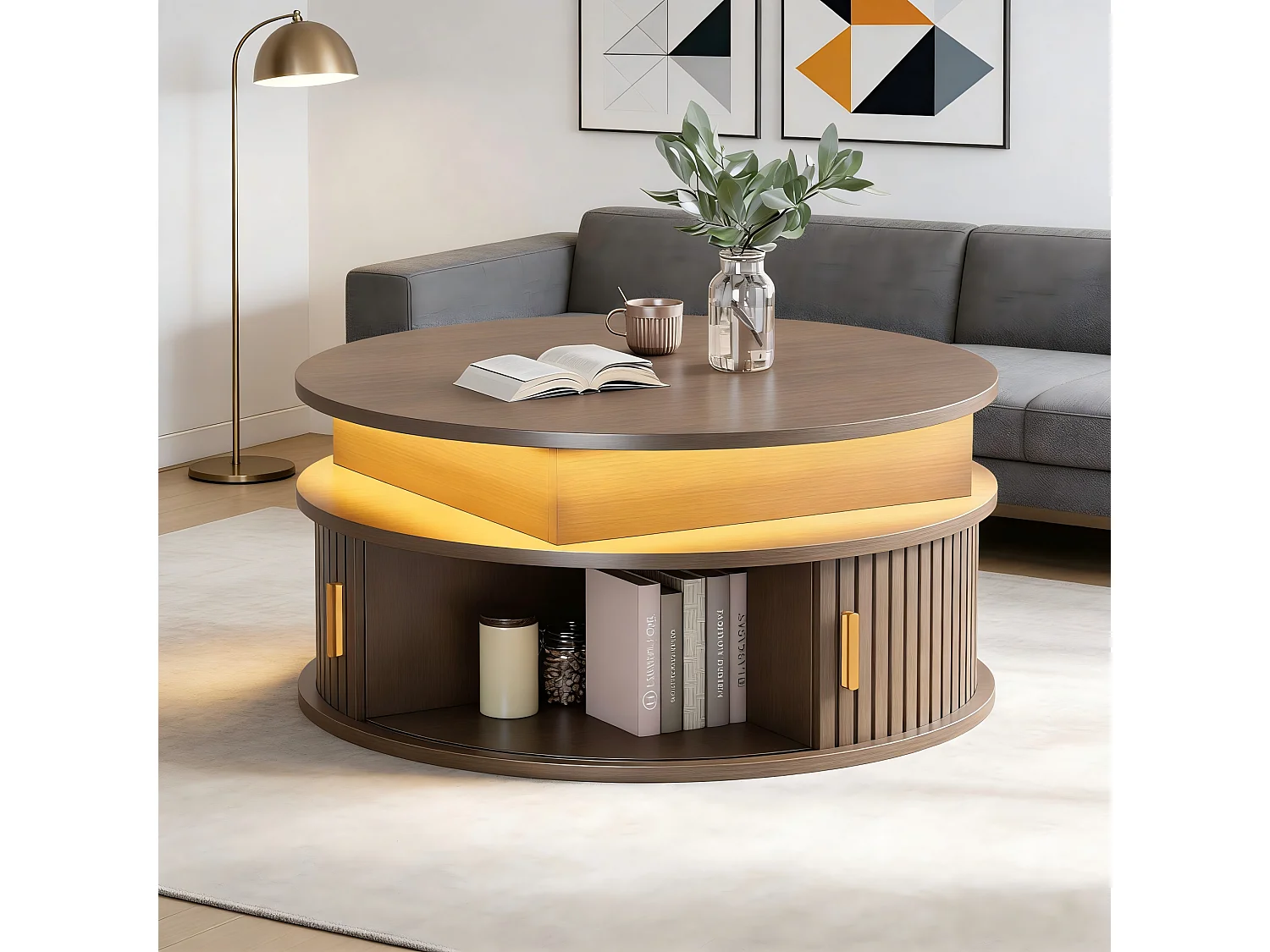 Stolik kawowy z podnoszonym blatem - 75 x 75 x 52 cm - z diodami LED + 2 drzwi rolowane + schowek - MDF - brązowy