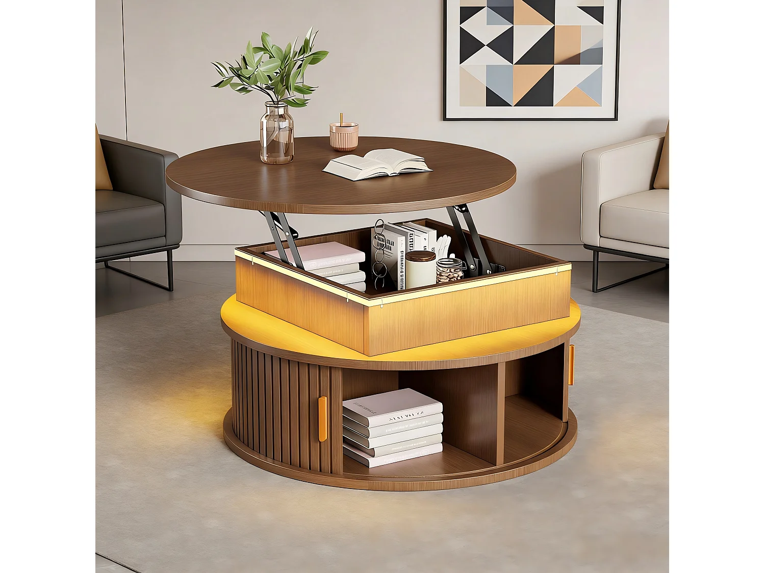 Stolik kawowy z podnoszonym blatem - 75 x 75 x 52 cm - z diodami LED + 2 drzwi rolowane + schowek - MDF - brązowy