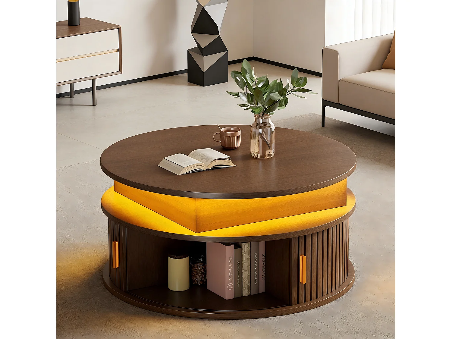 Stolik kawowy z podnoszonym blatem - 75 x 75 x 52 cm - z diodami LED + 2 drzwi rolowane + schowek - MDF - brązowy