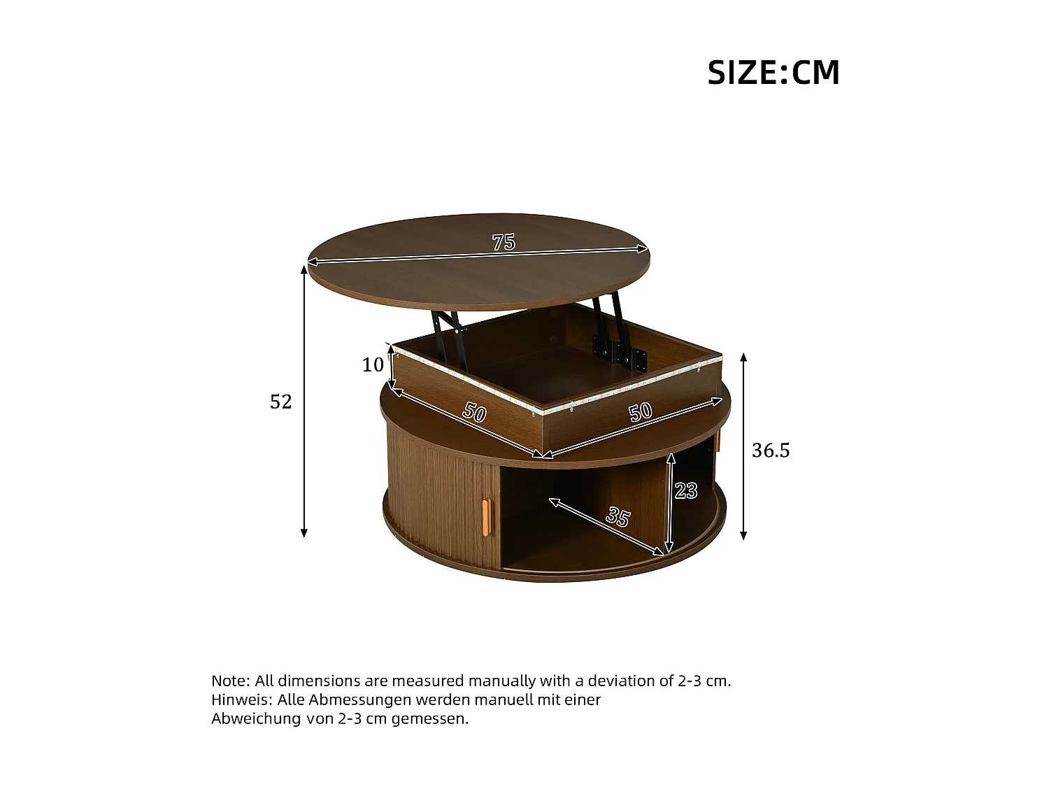 Stolik kawowy z podnoszonym blatem - 75 x 75 x 52 cm - z diodami LED + 2 drzwi rolowane + schowek - MDF - brązowy