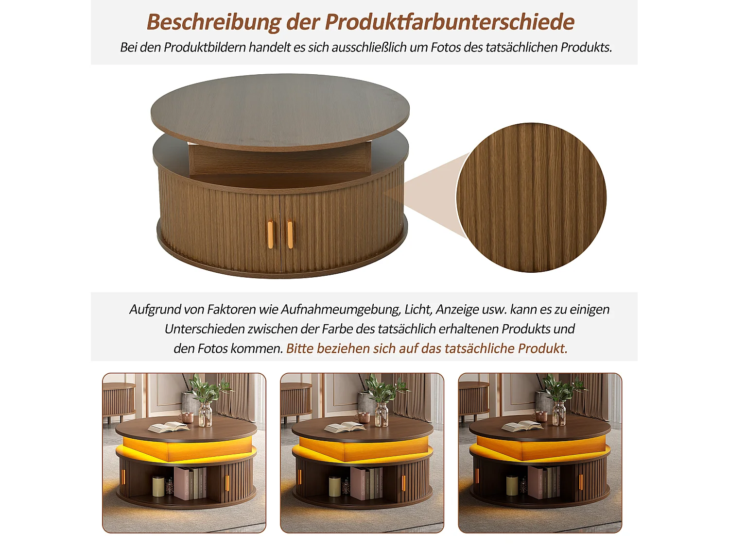 Stolik kawowy z podnoszonym blatem - 75 x 75 x 52 cm - z diodami LED + 2 drzwi rolowane + schowek - MDF - brązowy