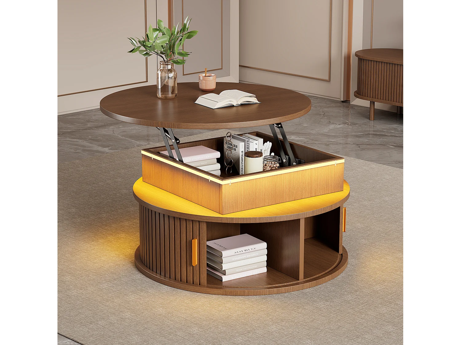 Stolik kawowy z podnoszonym blatem - 75 x 75 x 52 cm - z diodami LED + 2 drzwi rolowane + schowek - MDF - brązowy