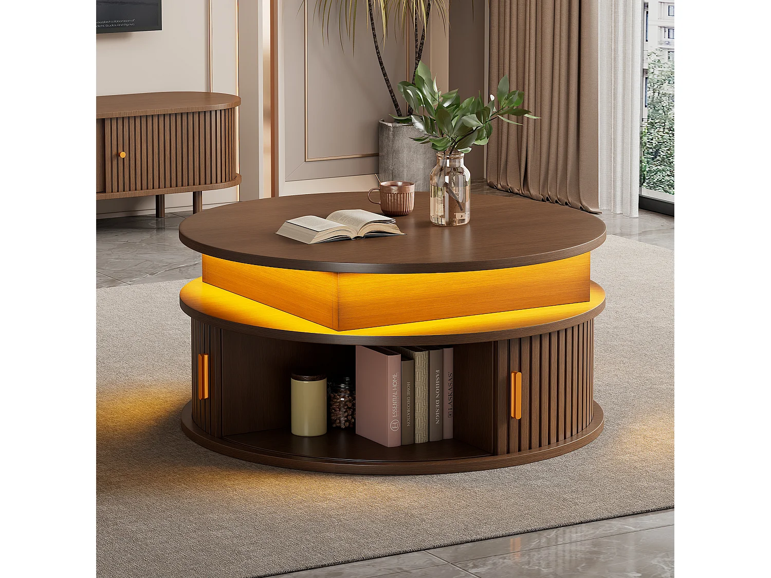 Stolik kawowy z podnoszonym blatem - 75 x 75 x 52 cm - z diodami LED + 2 drzwi rolowane + schowek - MDF - brązowy