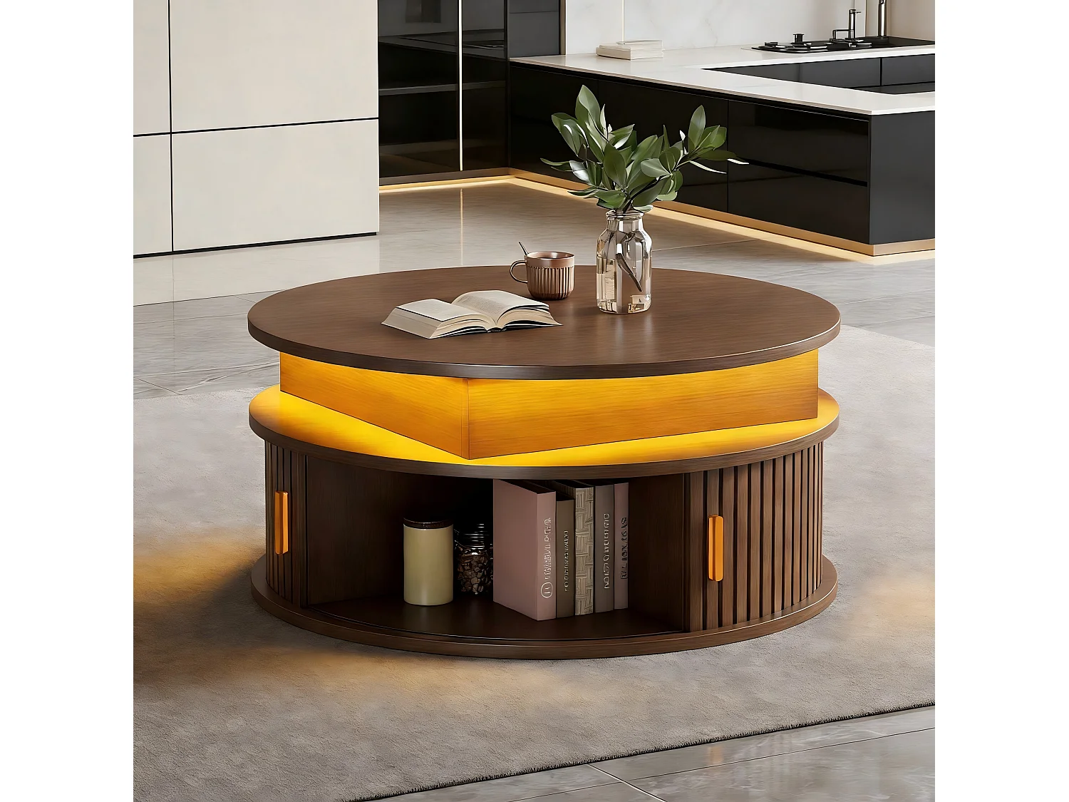 Stolik kawowy z podnoszonym blatem - 75 x 75 x 52 cm - z diodami LED + 2 drzwi rolowane + schowek - MDF - brązowy