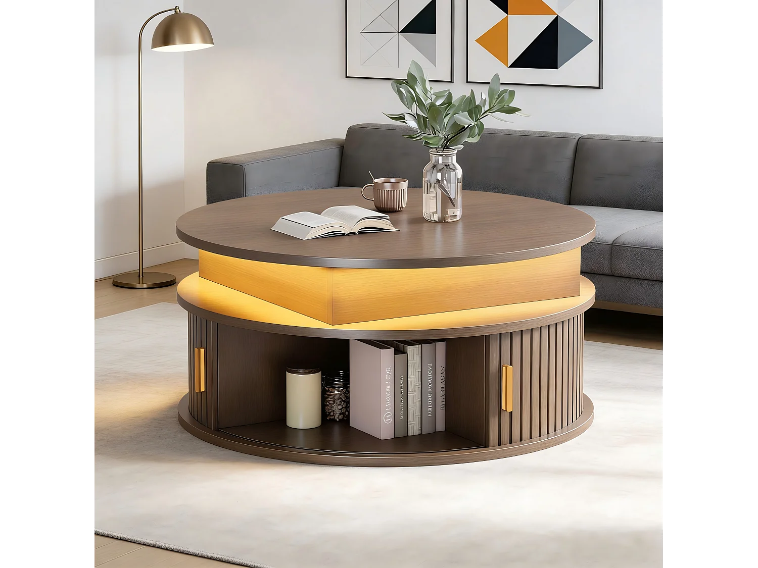 Tavolino da caffè con piano sollevabile - 75 x 75 x 52 cm - con LED + 2 ante avvolgibili + spazio di archiviazione - MDF - marrone