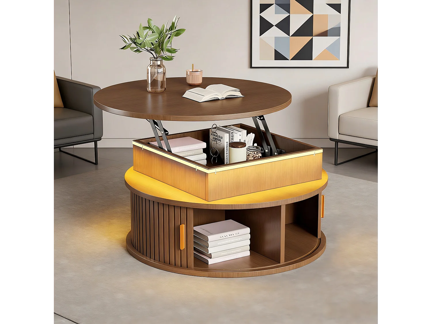 Tavolino da caffè con piano sollevabile - 75 x 75 x 52 cm - con LED + 2 ante avvolgibili + spazio di archiviazione - MDF - marrone