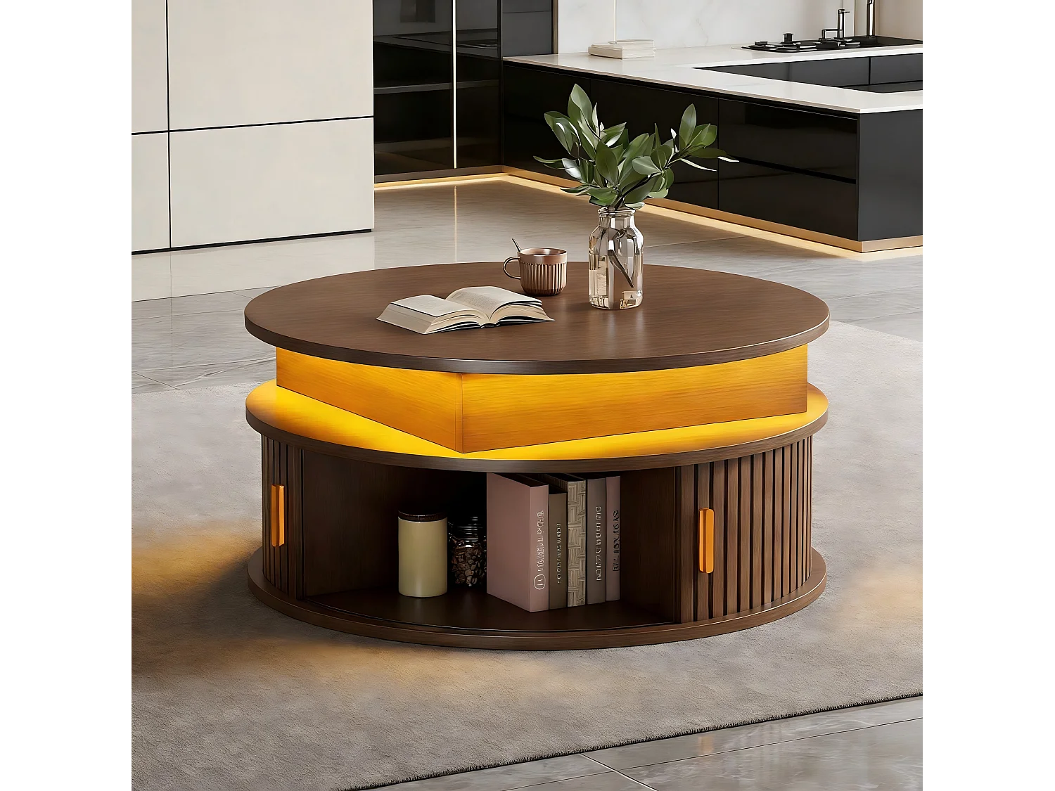 Tavolino da caffè con piano sollevabile - 75 x 75 x 52 cm - con LED + 2 ante avvolgibili + spazio di archiviazione - MDF - marrone