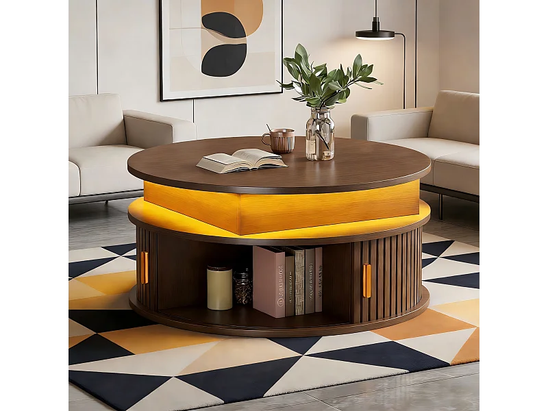 Couchtisch mit Hubfunktion – 75 x 75 x 52 cm – mit LED-Beleuchtung, 2 Rolltüren und Stauraum – MDF – braun