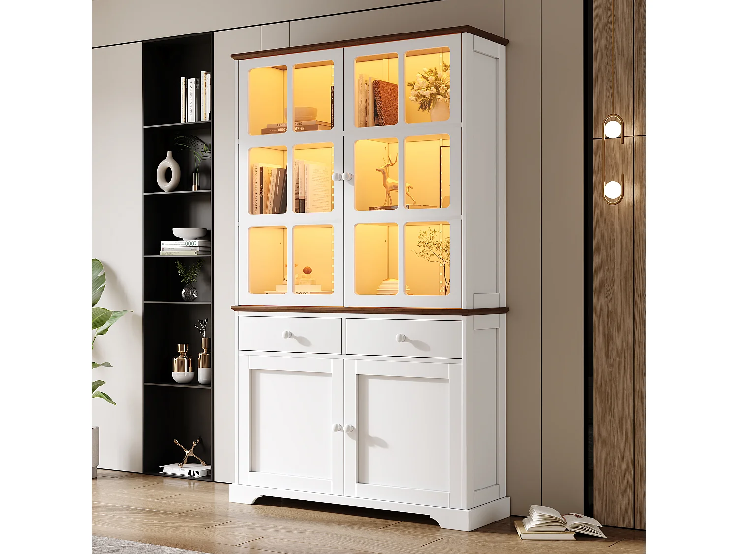 Hoge glazen vitrinekast - 120 x 36,5 x 200 cm - met 2 lades + 4 deuren + LED-verlichting - woonkamermeubel - MDF - wit