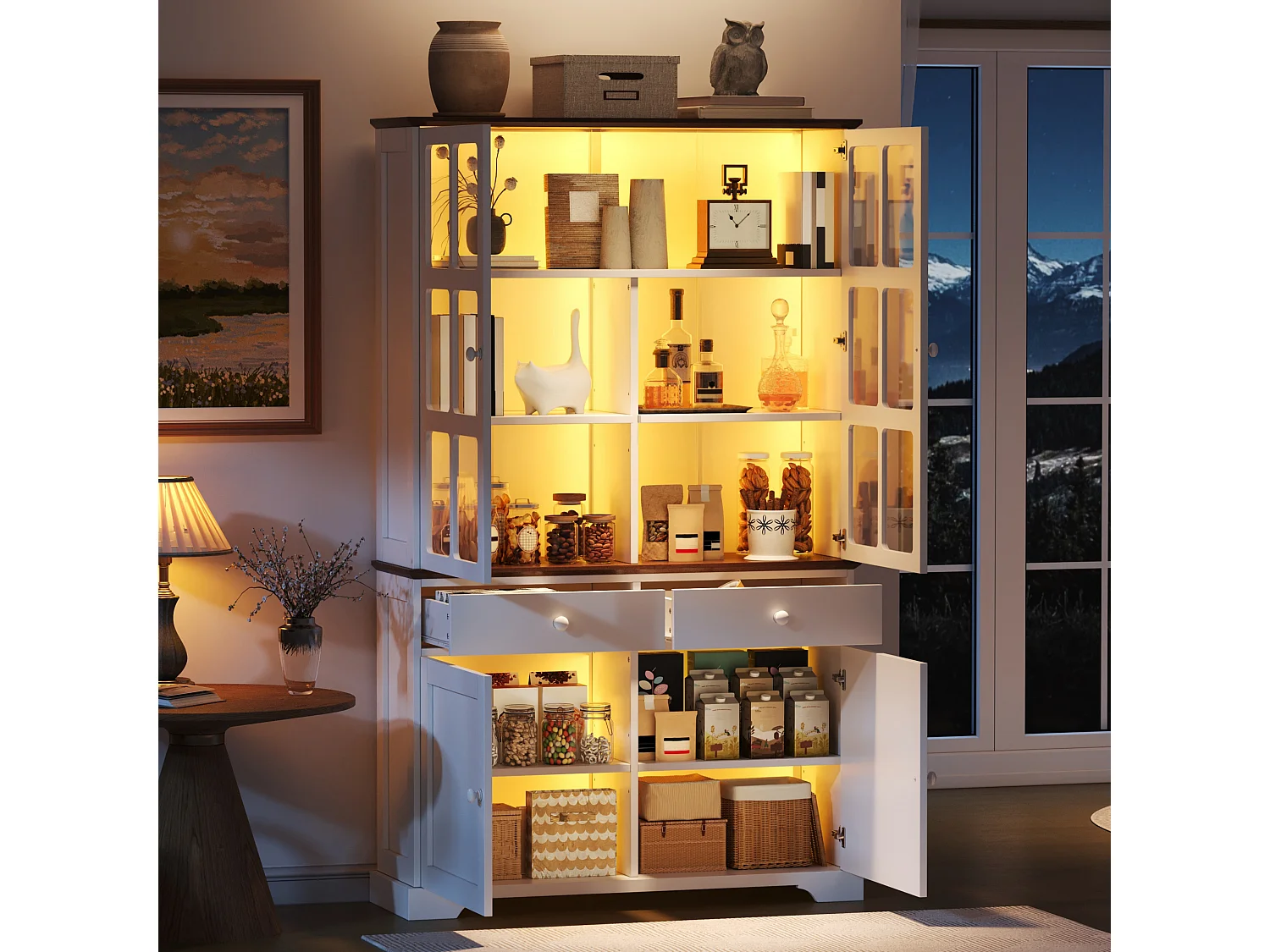 Hoge glazen vitrinekast - 120 x 36,5 x 200 cm - met 2 lades + 4 deuren + LED-verlichting - woonkamermeubel - MDF - wit