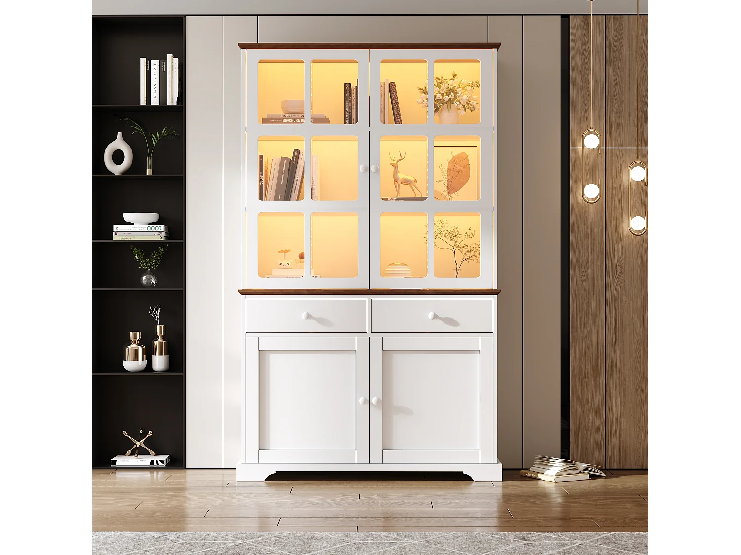 Hoge glazen vitrinekast - 120 x 36,5 x 200 cm - met 2 lades + 4 deuren + LED-verlichting - woonkamermeubel - MDF - wit