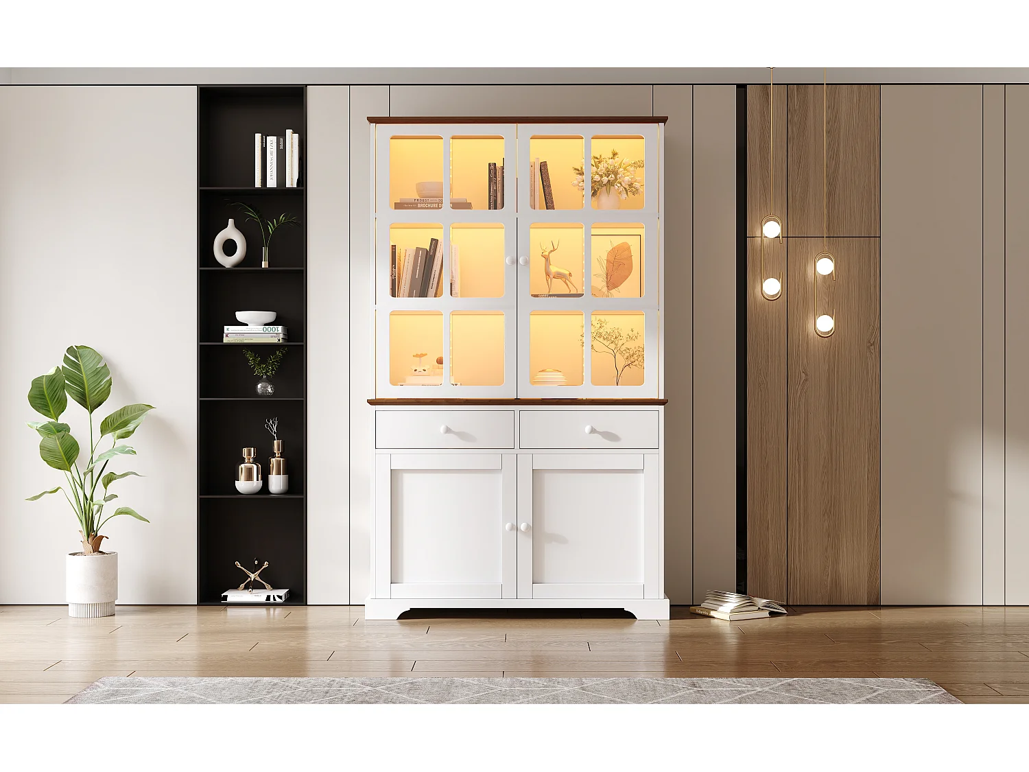 Hoge glazen vitrinekast - 120 x 36,5 x 200 cm - met 2 lades + 4 deuren + LED-verlichting - woonkamermeubel - MDF - wit