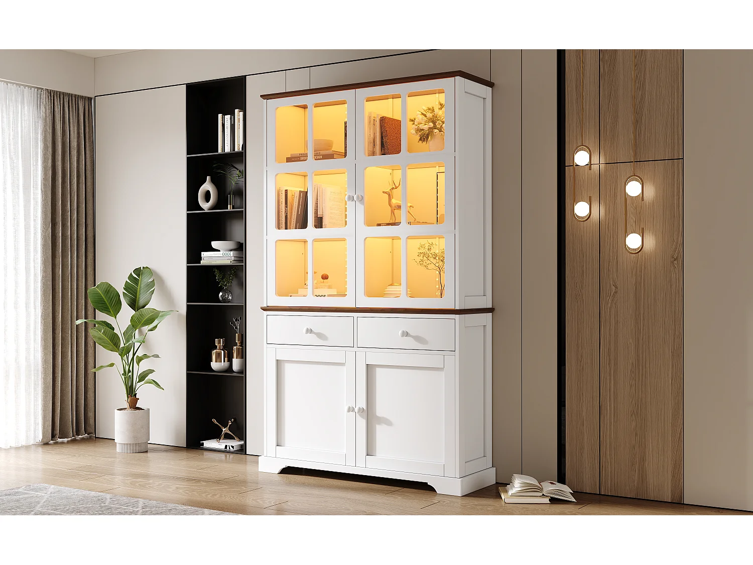 Hoge glazen vitrinekast - 120 x 36,5 x 200 cm - met 2 lades + 4 deuren + LED-verlichting - woonkamermeubel - MDF - wit