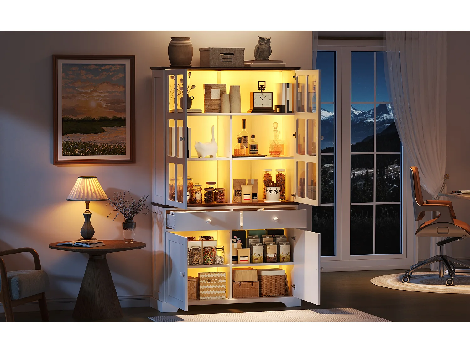 Hoge glazen vitrinekast - 120 x 36,5 x 200 cm - met 2 lades + 4 deuren + LED-verlichting - woonkamermeubel - MDF - wit