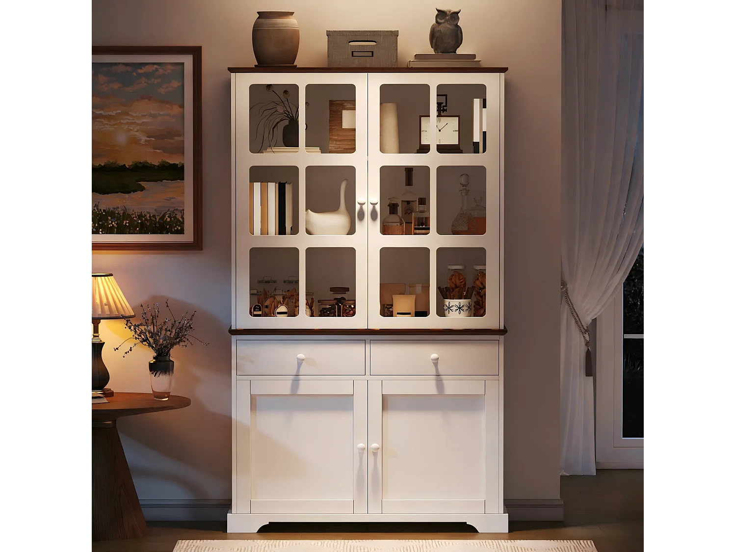 Hoge glazen vitrinekast - 120 x 36,5 x 200 cm - met 2 lades + 4 deuren + LED-verlichting - woonkamermeubel - MDF - wit