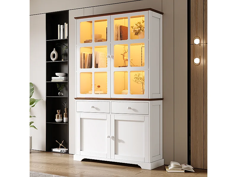 Hoge glazen vitrinekast - 120 x 36,5 x 200 cm - met 2 lades + 4 deuren + LED-verlichting - woonkamermeubel - MDF - wit