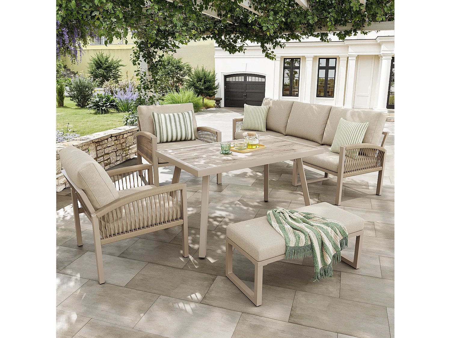 Ensemble salon de jardin tissé à la main 7 places - Structure en fer  - avec coussins + 1 table + 2 fauteuils + banc - métal - gris