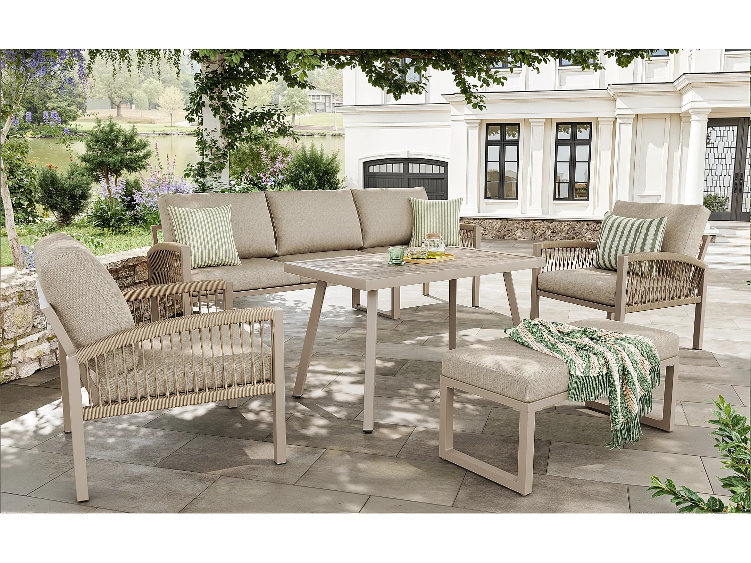 Ensemble salon de jardin tissé à la main 7 places - Structure en fer  - avec coussins + 1 table + 2 fauteuils + banc - métal - gris