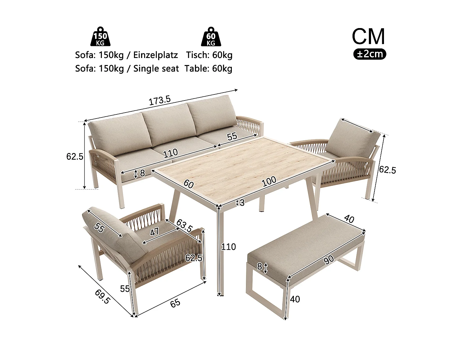 Ensemble salon de jardin tissé à la main 7 places - Structure en fer  - avec coussins + 1 table + 2 fauteuils + banc - métal - gris