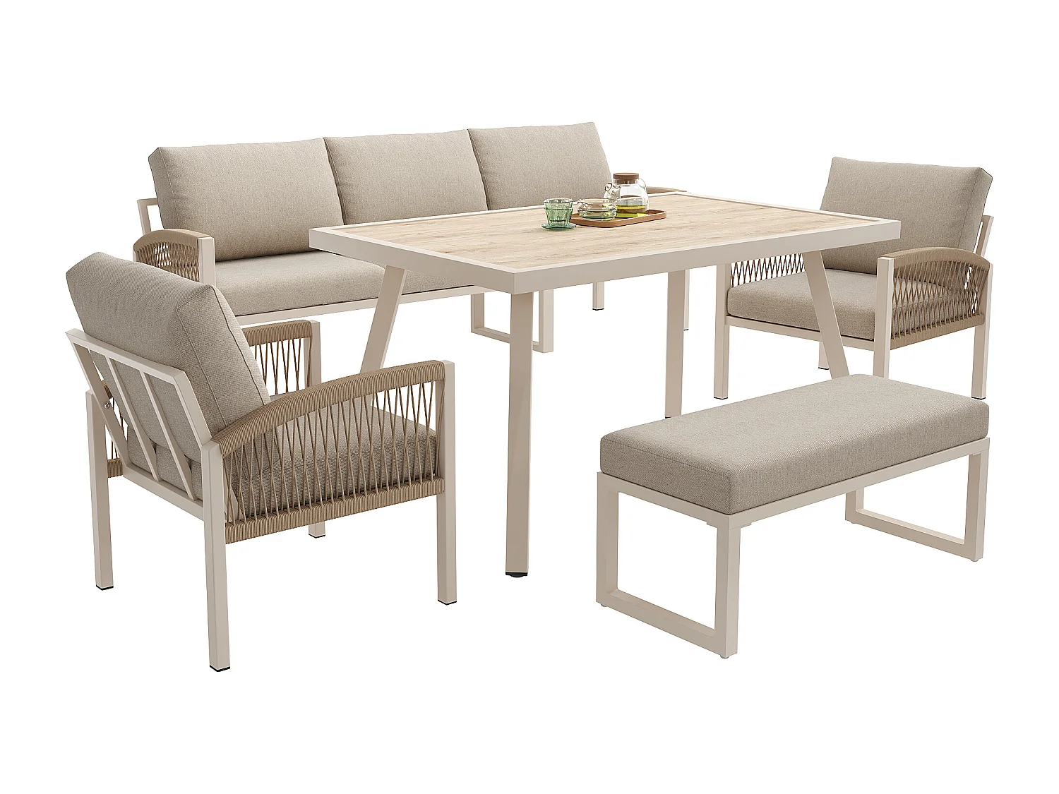 Ensemble salon de jardin tissé à la main 7 places - Structure en fer  - avec coussins + 1 table + 2 fauteuils + banc - métal - gris