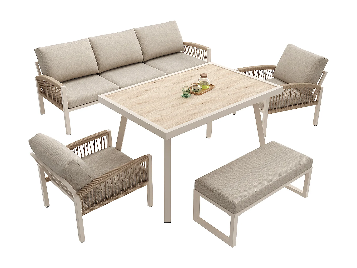 Ensemble salon de jardin tissé à la main 7 places - Structure en fer  - avec coussins + 1 table + 2 fauteuils + banc - métal - gris