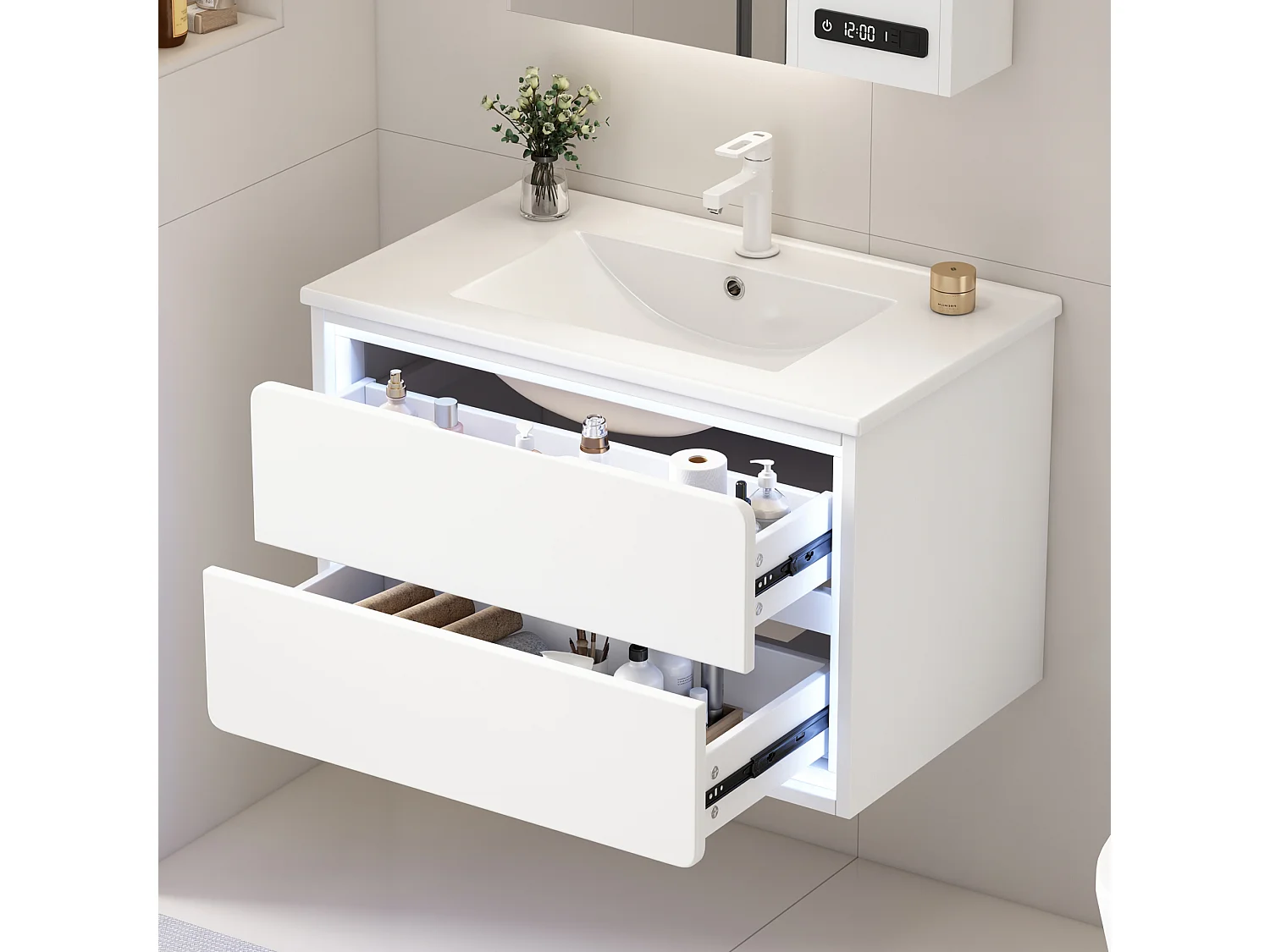 Szafka ścienna pod umywalkę ceramiczną z pojedynczą umywalką - 76 x 46 x 48,5 cm - wykończenie lakierowane - z diodami LED + 2 szuflady - ceramika + MDF - biała