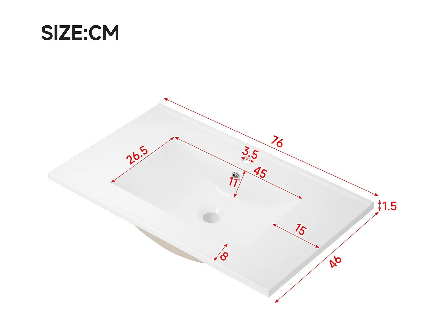 Szafka ścienna pod umywalkę ceramiczną z pojedynczą umywalką - 76 x 46 x 48,5 cm - wykończenie lakierowane - z diodami LED + 2 szuflady - ceramika + MDF - biała