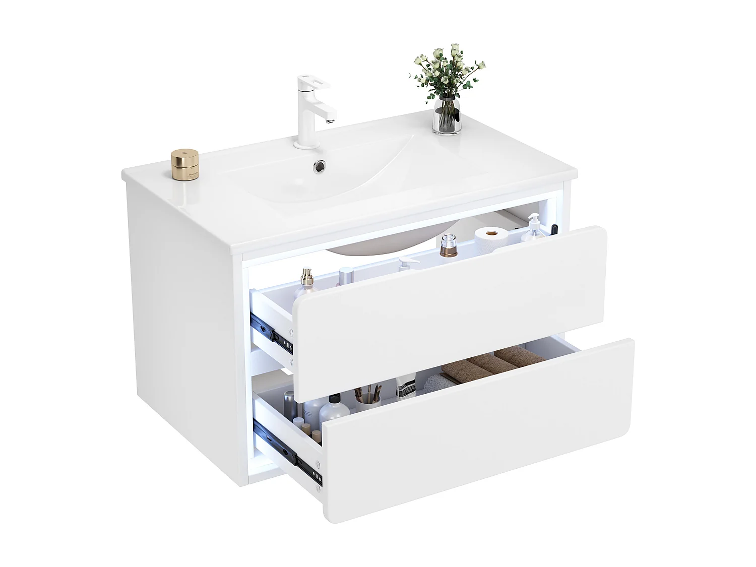 Szafka ścienna pod umywalkę ceramiczną z pojedynczą umywalką - 76 x 46 x 48,5 cm - wykończenie lakierowane - z diodami LED + 2 szuflady - ceramika + MDF - biała