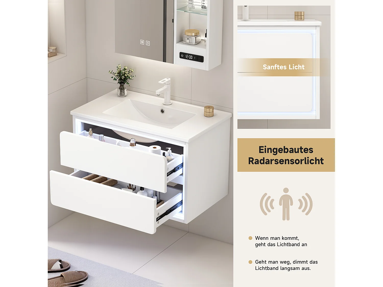 Szafka ścienna pod umywalkę ceramiczną z pojedynczą umywalką - 76 x 46 x 48,5 cm - wykończenie lakierowane - z diodami LED + 2 szuflady - ceramika + MDF - biała