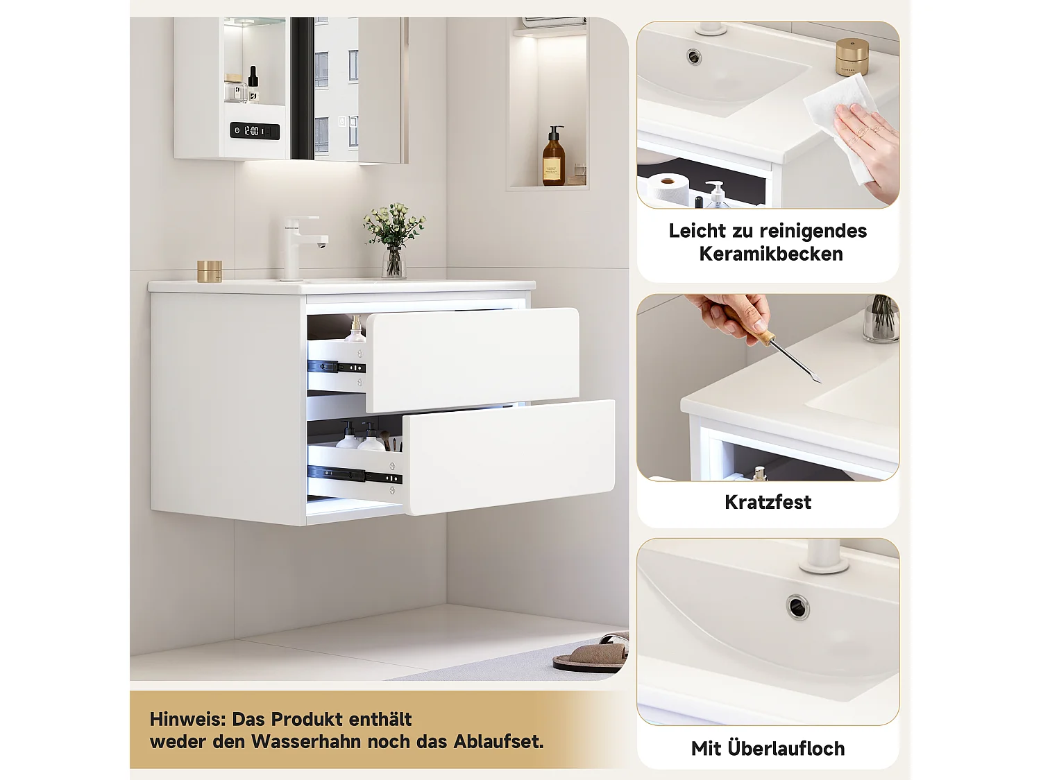 Szafka ścienna pod umywalkę ceramiczną z pojedynczą umywalką - 76 x 46 x 48,5 cm - wykończenie lakierowane - z diodami LED + 2 szuflady - ceramika + MDF - biała