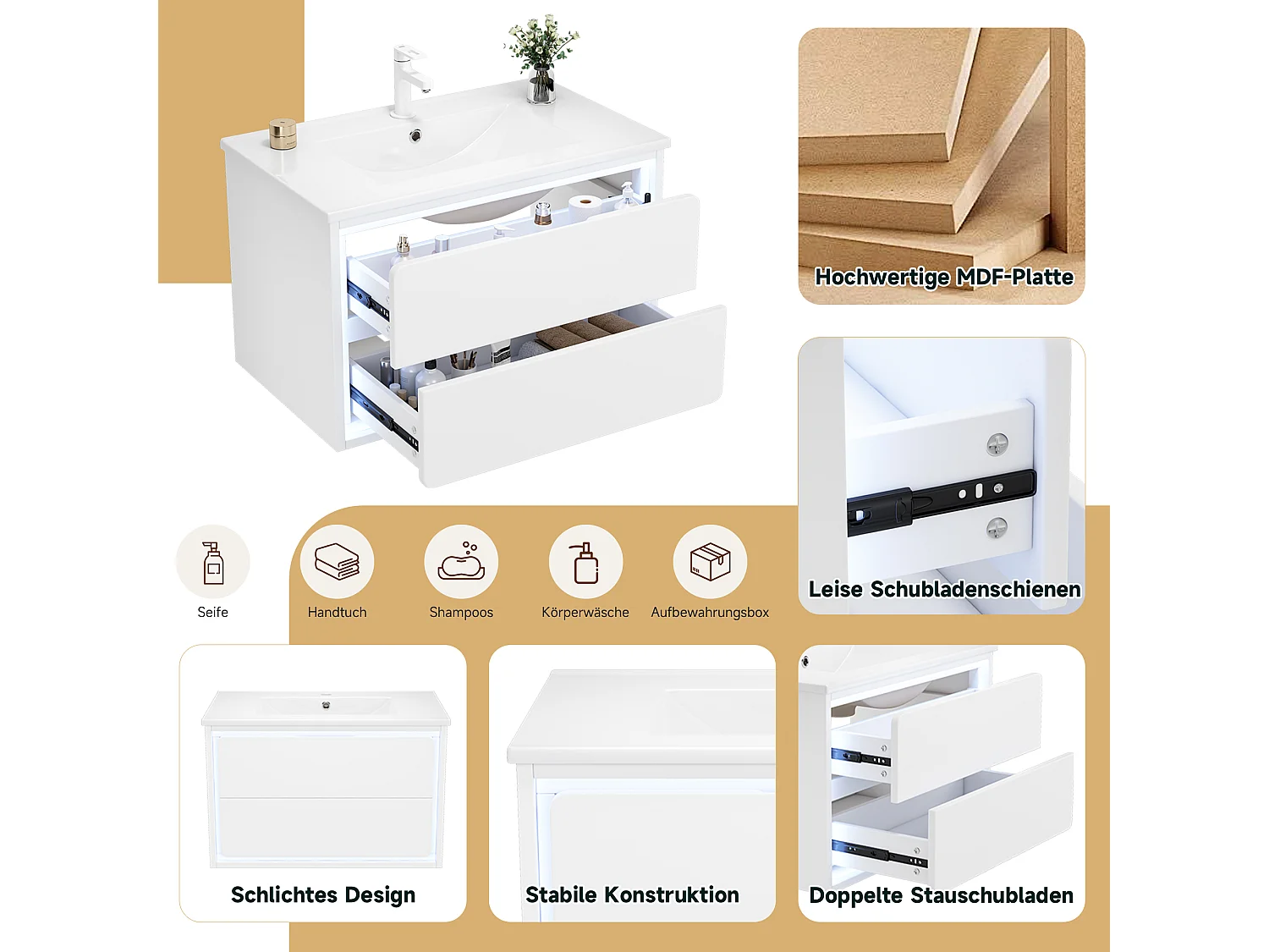 Szafka ścienna pod umywalkę ceramiczną z pojedynczą umywalką - 76 x 46 x 48,5 cm - wykończenie lakierowane - z diodami LED + 2 szuflady - ceramika + MDF - biała